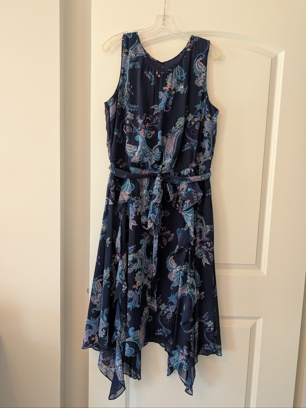 Navy Paisley Sleeveless Tie-Waist Midi Dress